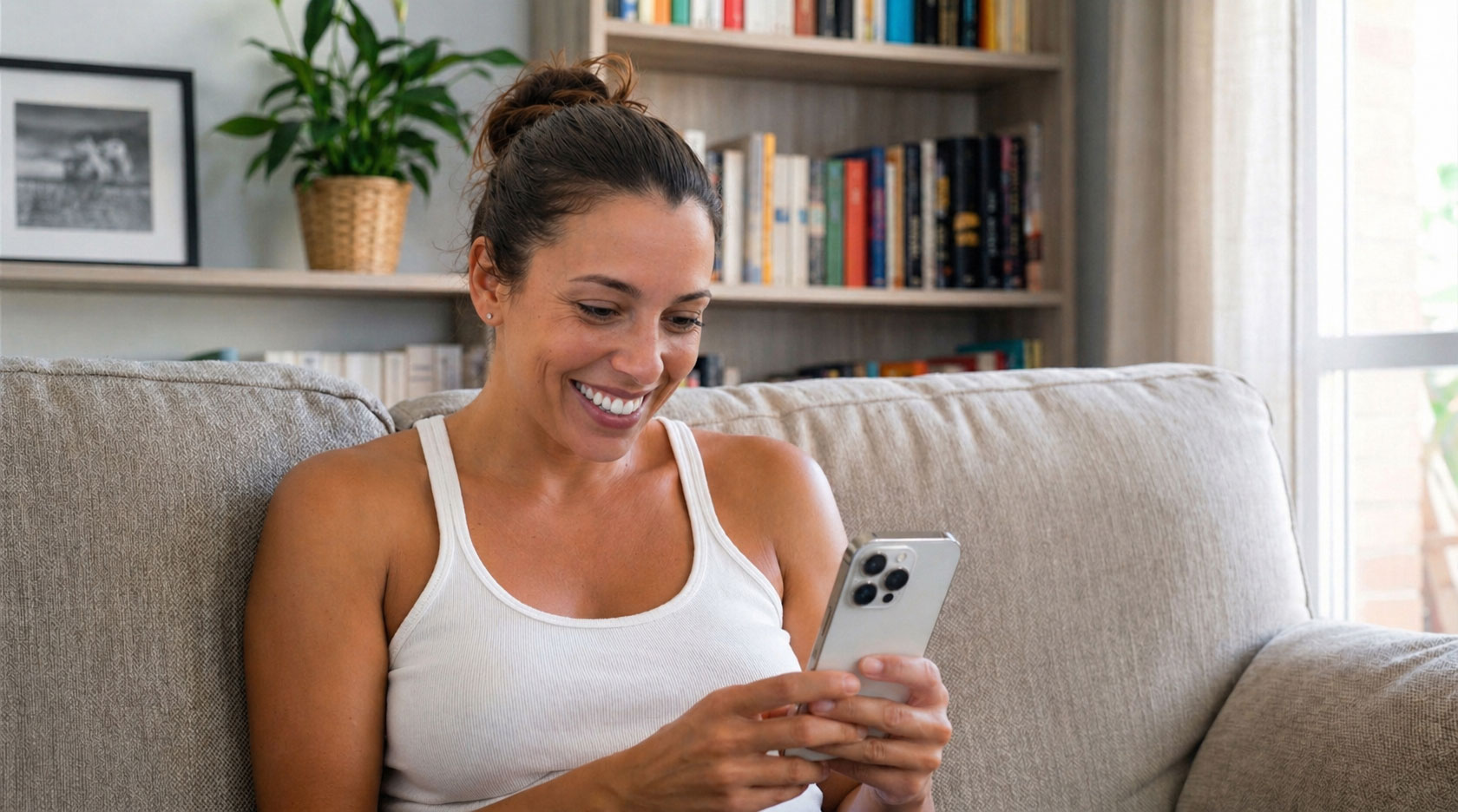 Paziente seduto su un divano usando uno smartphone mentre valuta opzioni di simulazione 3D nell'app paziente Crisalix.